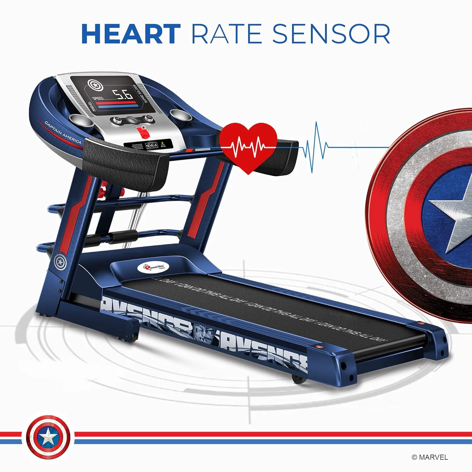 Marvel MTA-1000 Captain America Edition (4HP Peak) Smart Folding Electric Treadmill with Auto Incline | MP3 | Speaker | Exercise Machine for Home Gym and Cardio Training - Blue