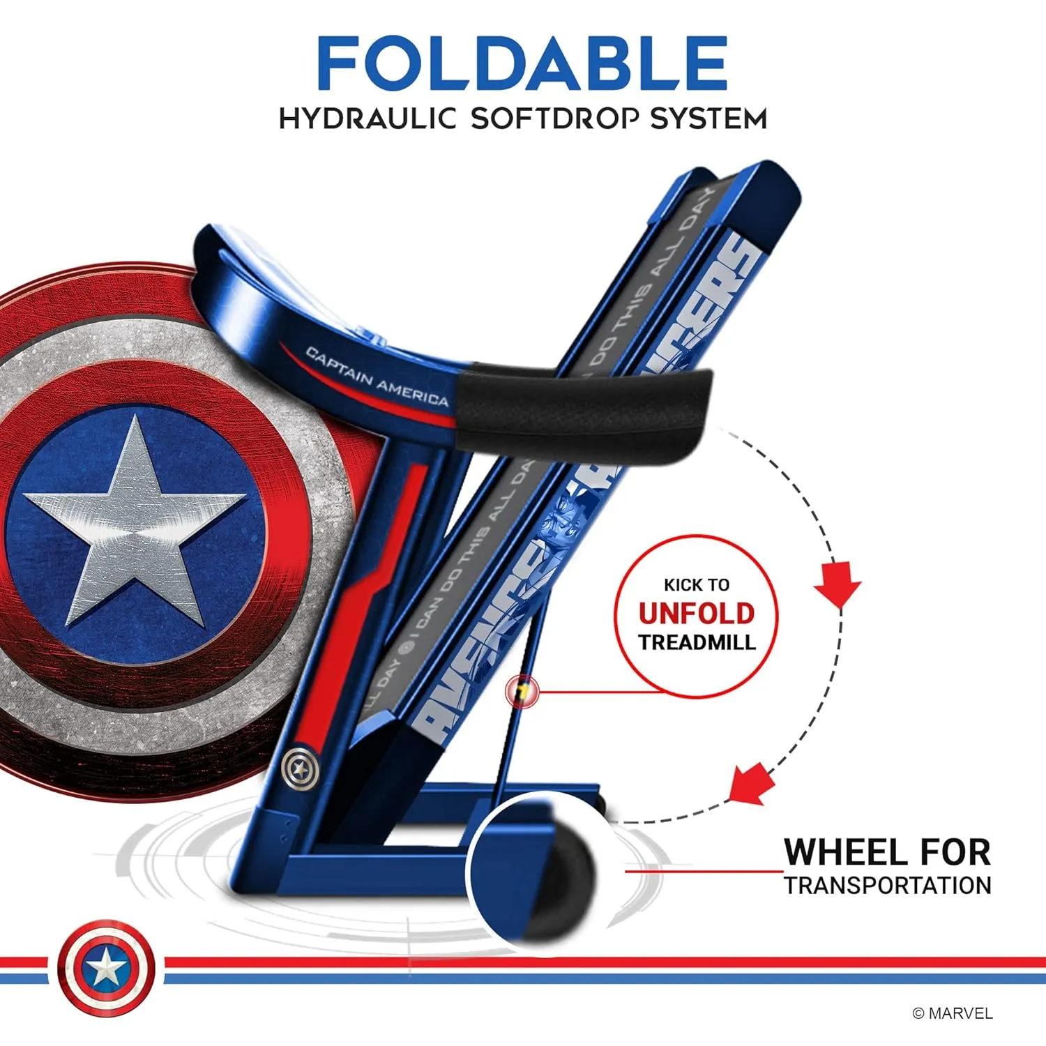 Marvel MTA-1000 Captain America Edition (4HP Peak) Smart Folding Electric Treadmill with Auto Incline | MP3 | Speaker | Exercise Machine for Home Gym and Cardio Training - Blue