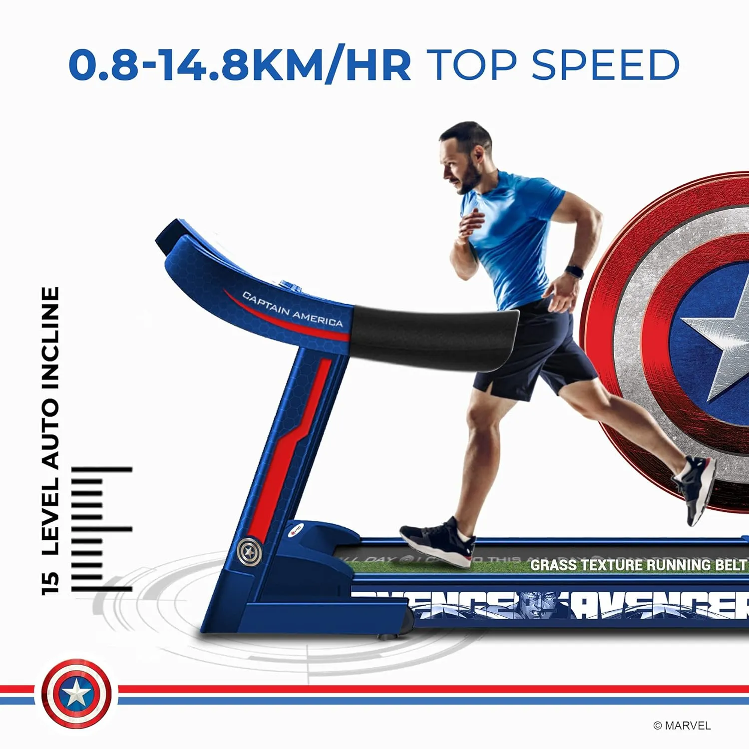 Marvel MTA-1000 Captain America Edition (4HP Peak) Smart Folding Electric Treadmill with Auto Incline | MP3 | Speaker | Exercise Machine for Home Gym and Cardio Training - Blue