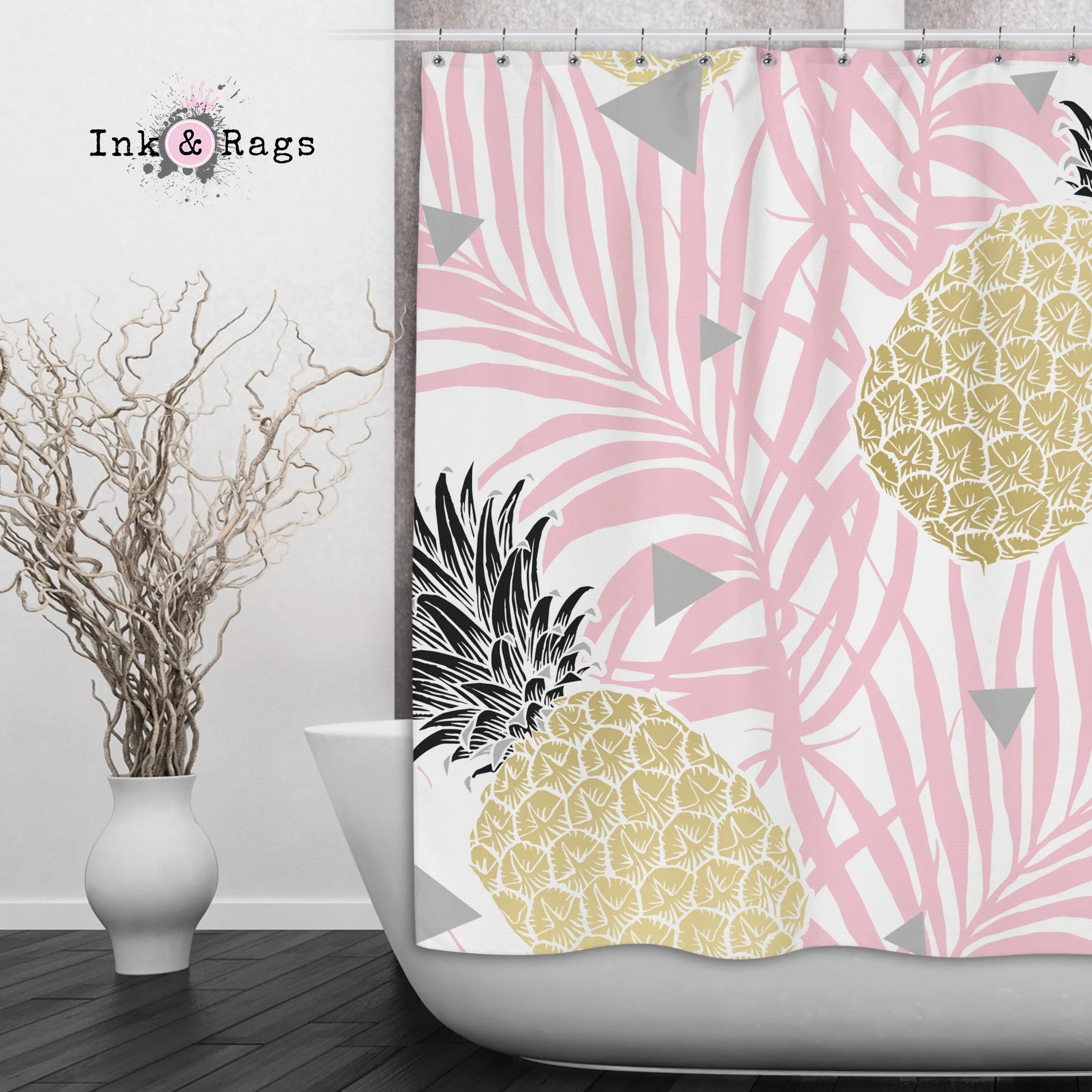 Pink Palm Geometric Pineapple Shower Curtains and Optional Bath Mats