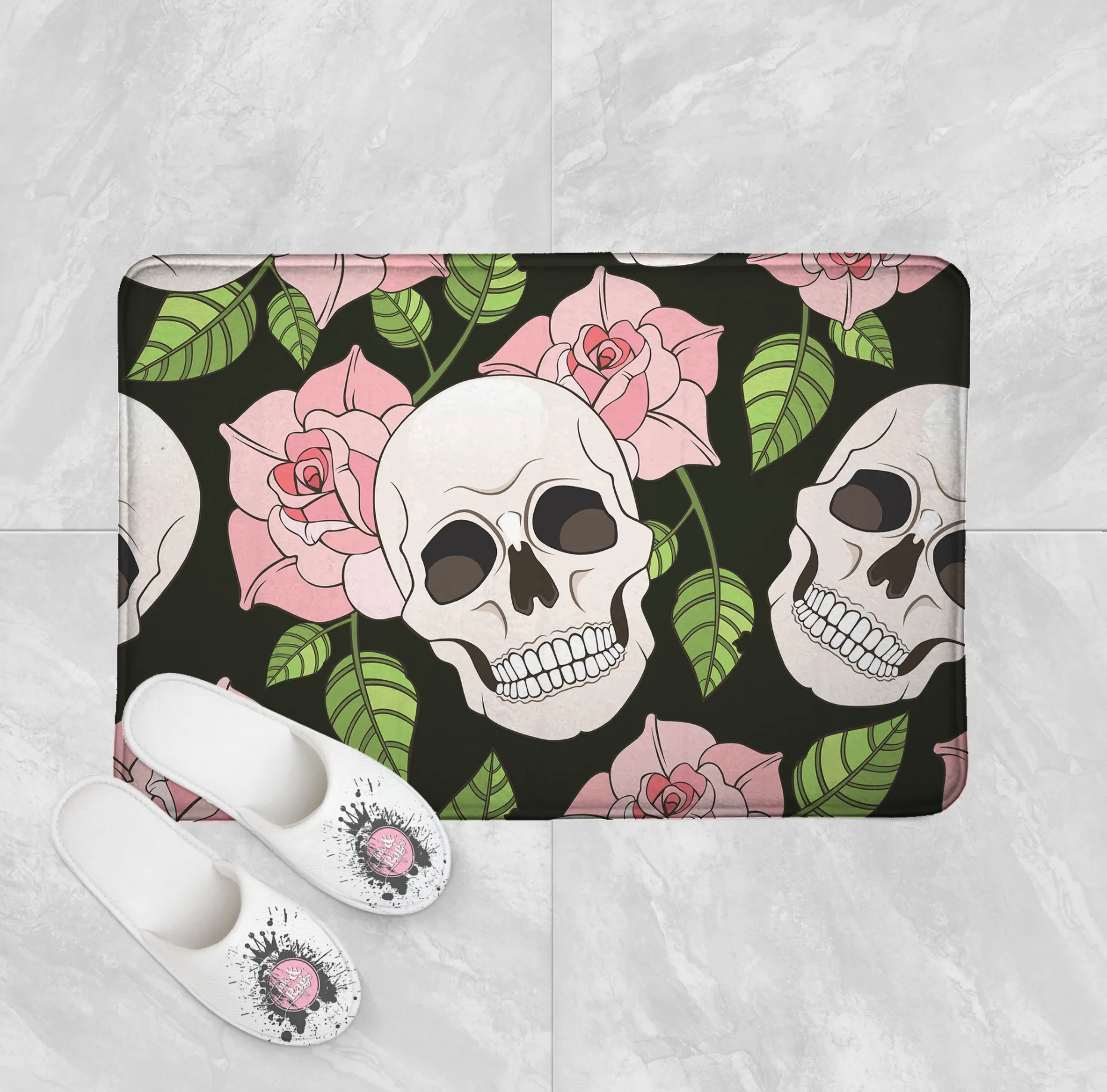 Pink Rose Skull Shower Curtains and Optional Bath Mats