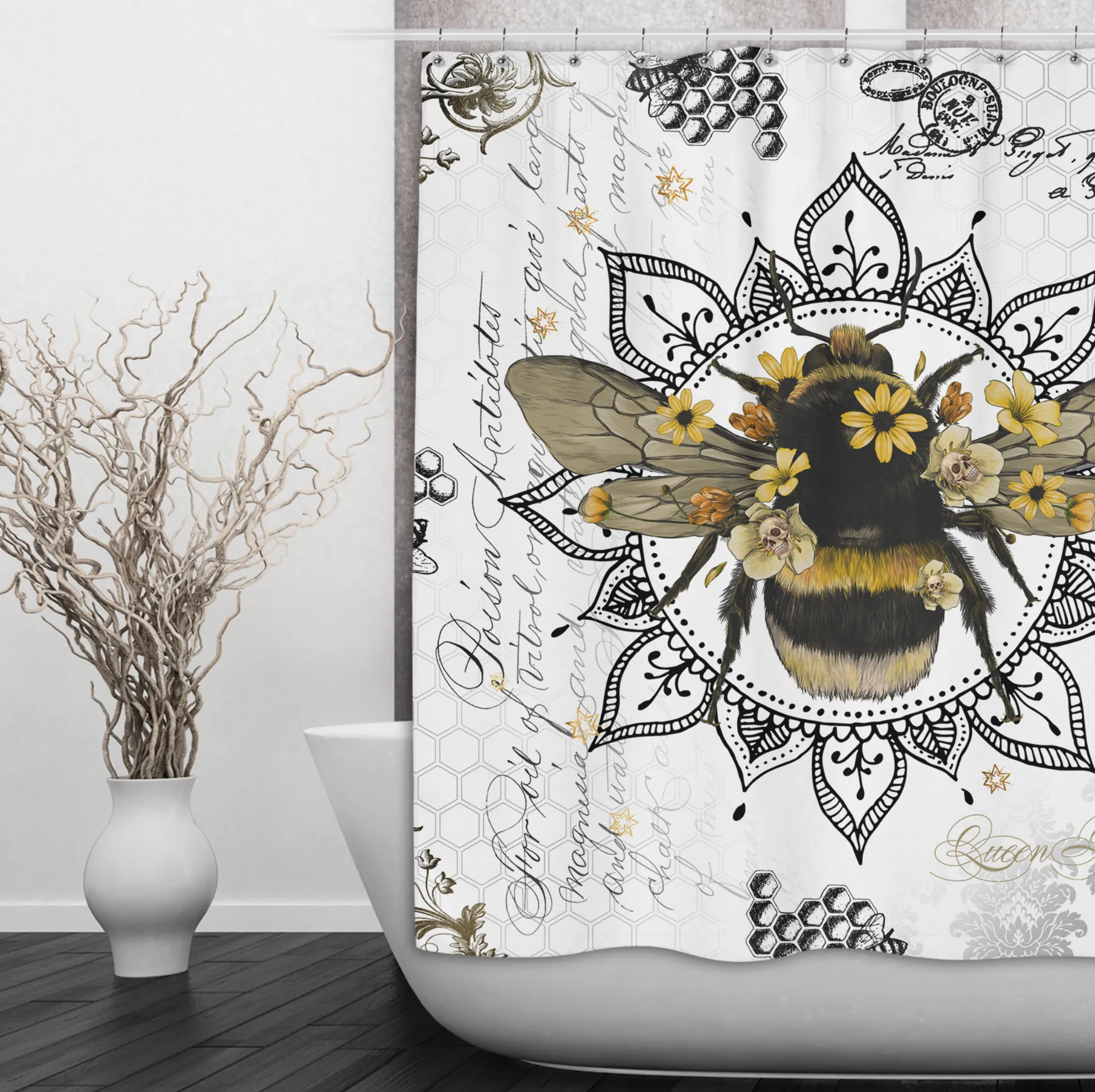 Poison Bee Mandala Skull White Shower Curtains and Optional Bath Mats