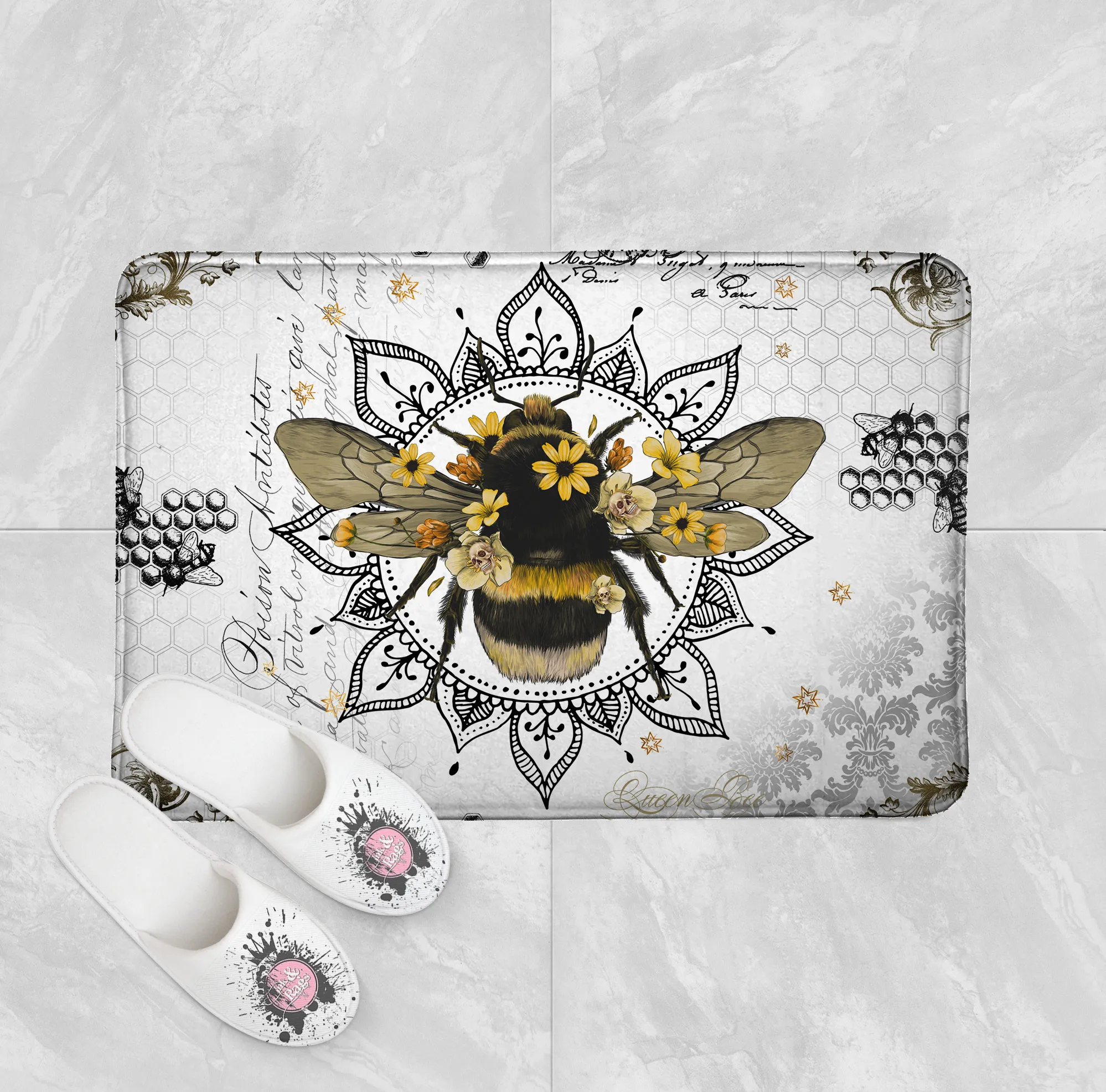 Poison Bee Mandala Skull White Shower Curtains and Optional Bath Mats