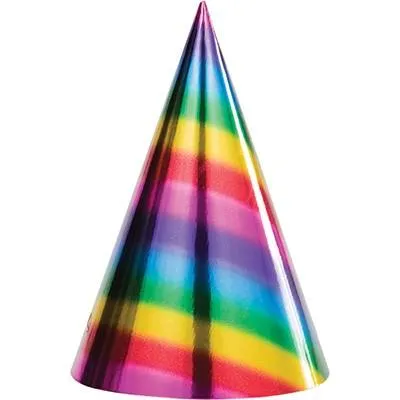 Rainbow Foil Cone Shaped Party Hats 8pk