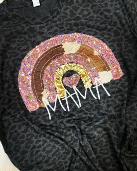 Rainbow MAMA Shirt - Rose Sequins, Cow Print, Gold