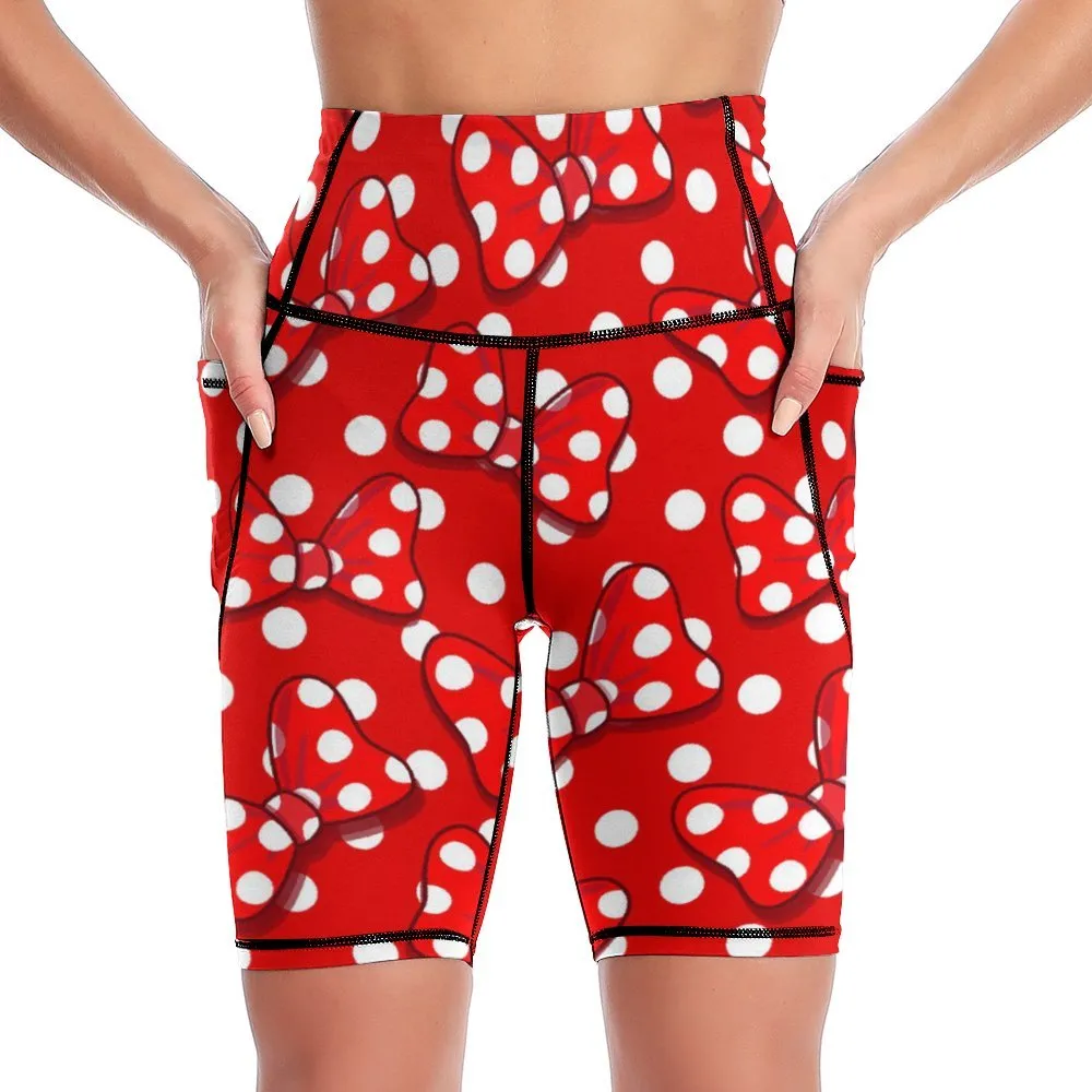 Red With White Polka Dot And Bows Women's Knee Length Athletic Yoga Shorts With Pockets