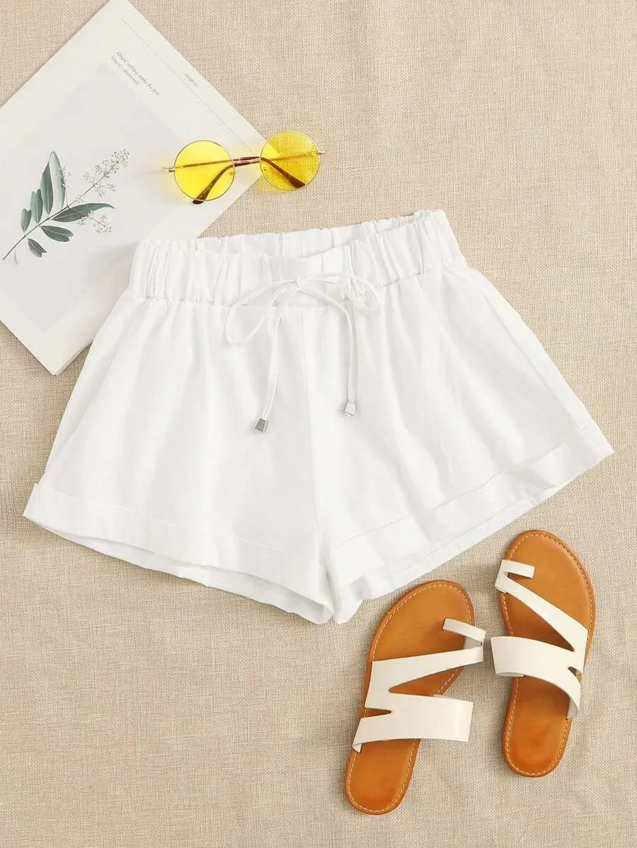 Roll Up Hem Tie Waist Shorts