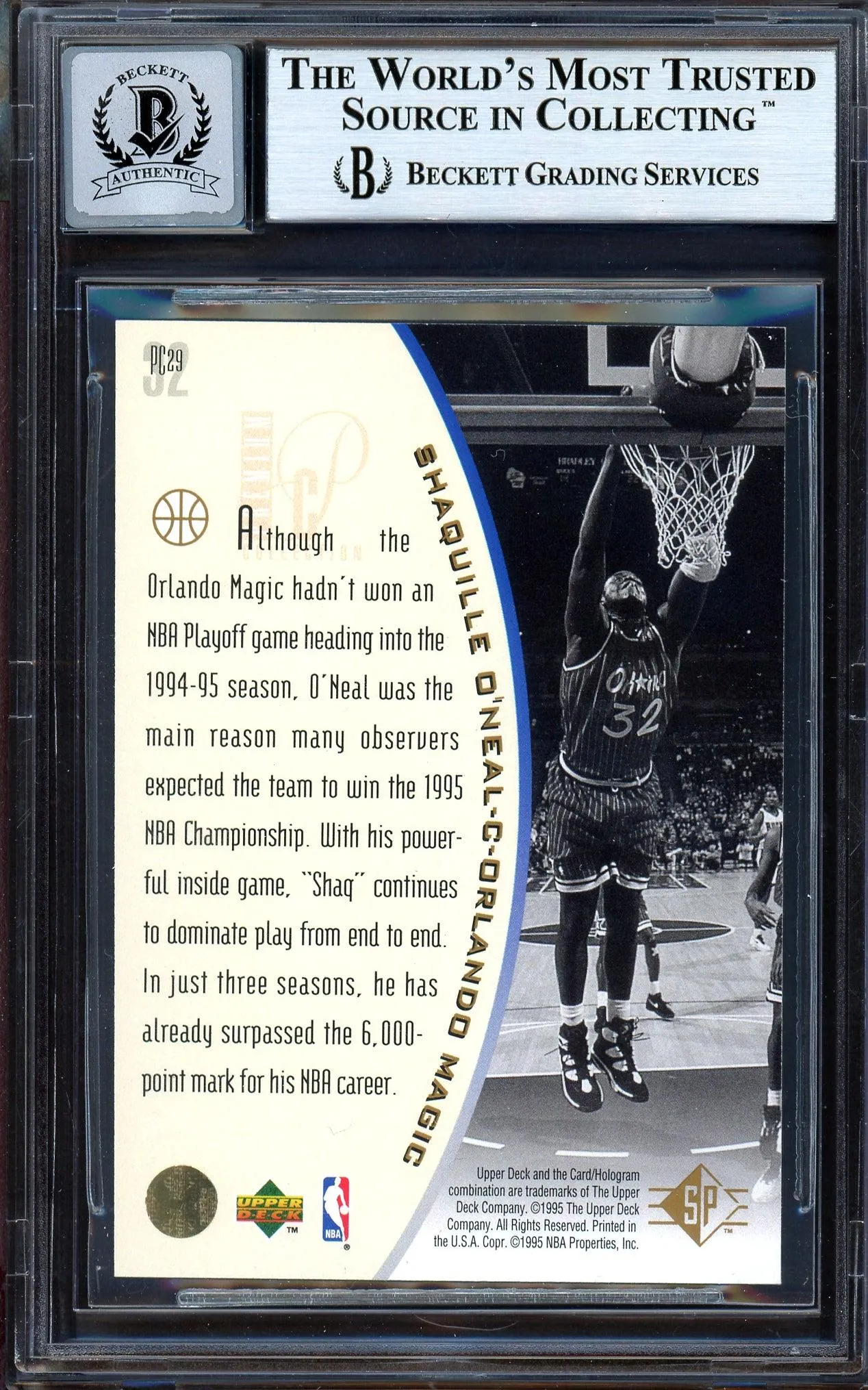 Shaquille Shaq O'Neal Autographed 1995-96 SP Holoviews Card #PC29 Orlando Magic Auto Grade Gem Mint 10 Beckett BAS #13315332