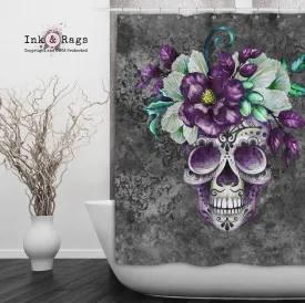 Slate Webbed Sugar Skull and Flower Shower Curtains and Optional Bath Mats