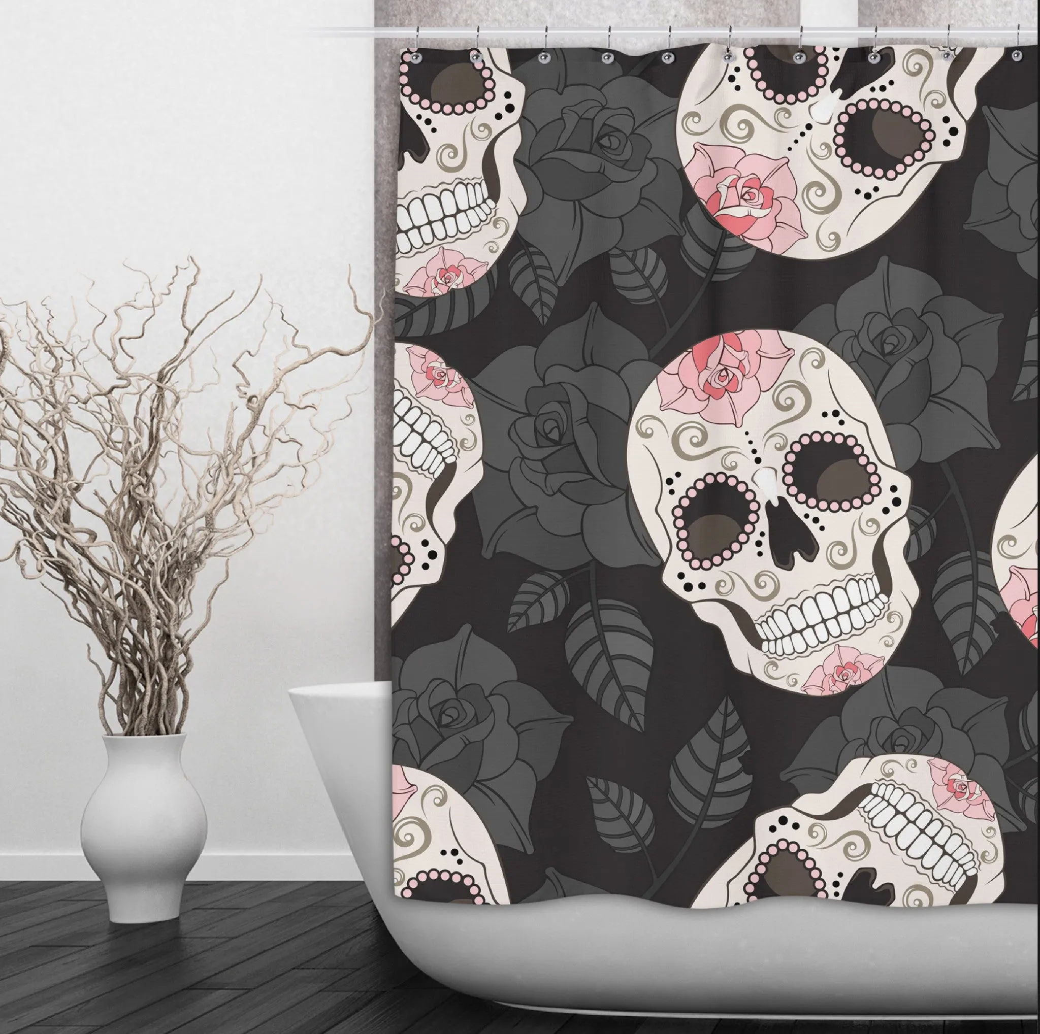 Sugar Skull and Black Rose Shower Curtains and Optional Bath Mats