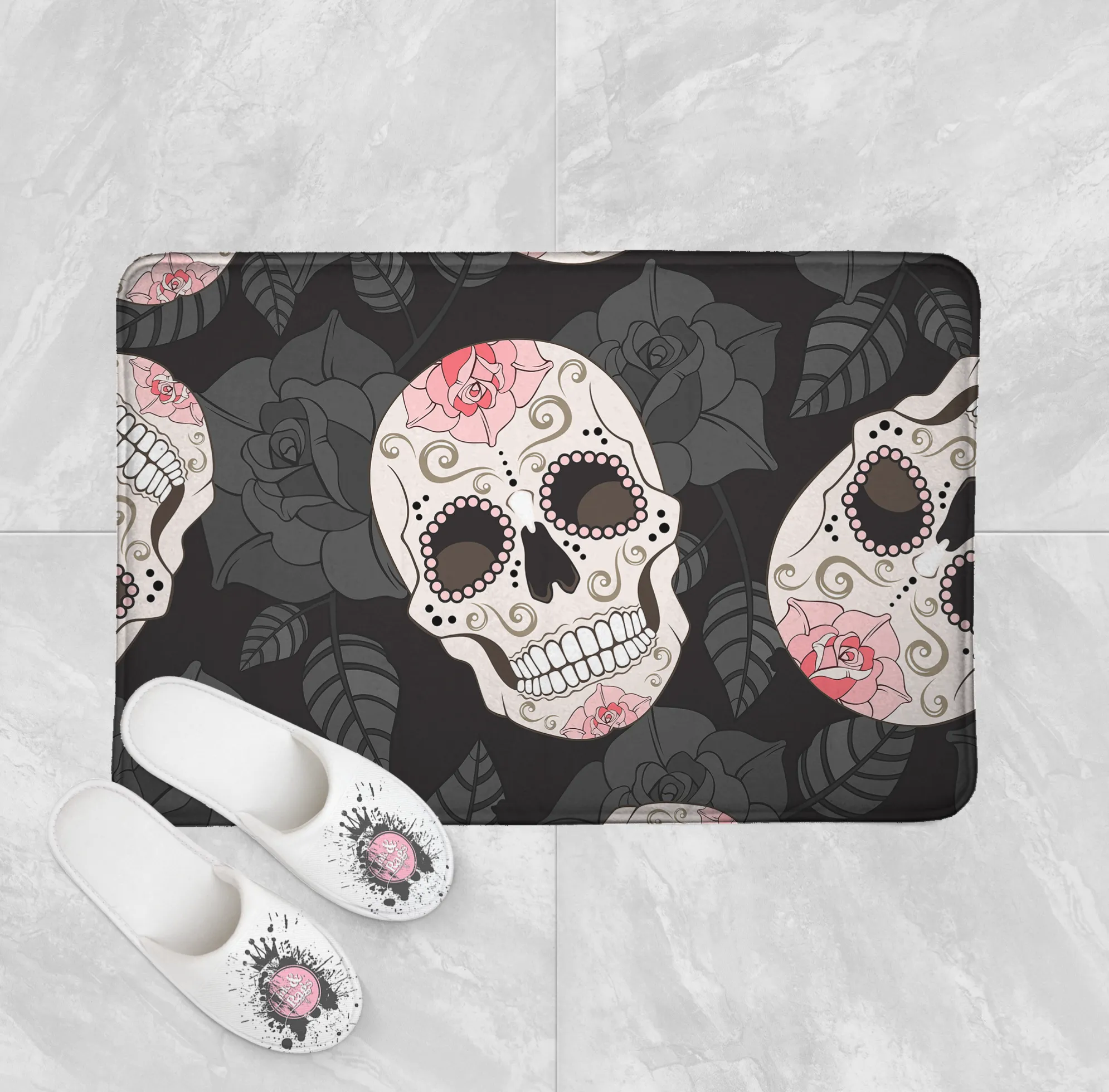 Sugar Skull and Black Rose Shower Curtains and Optional Bath Mats