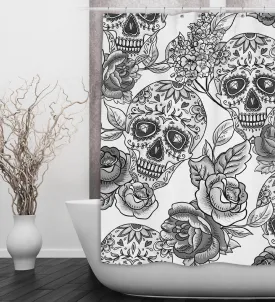 The Original White Sugar Skull Shower Curtains and Optional Bath Mats