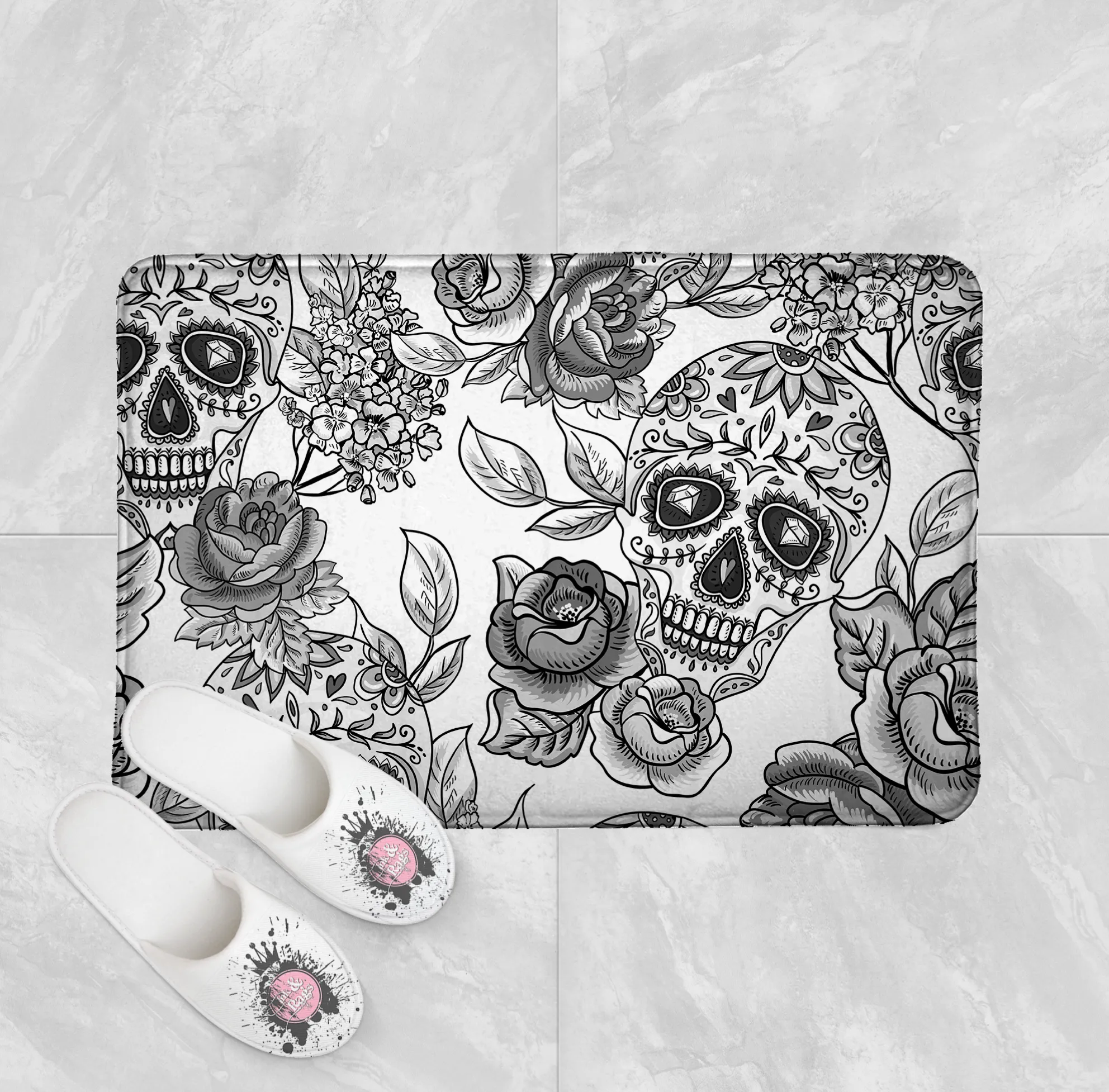 The Original White Sugar Skull Shower Curtains and Optional Bath Mats