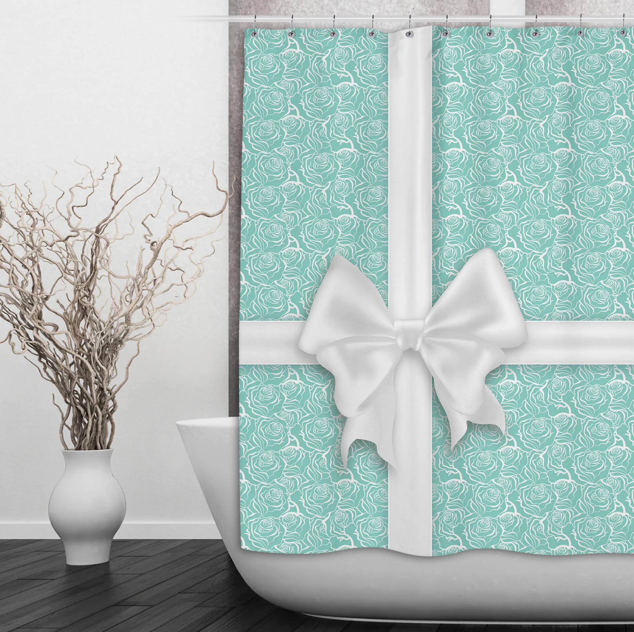 Tiffany Rose Bow Shower Curtains and Optional Bath Mats