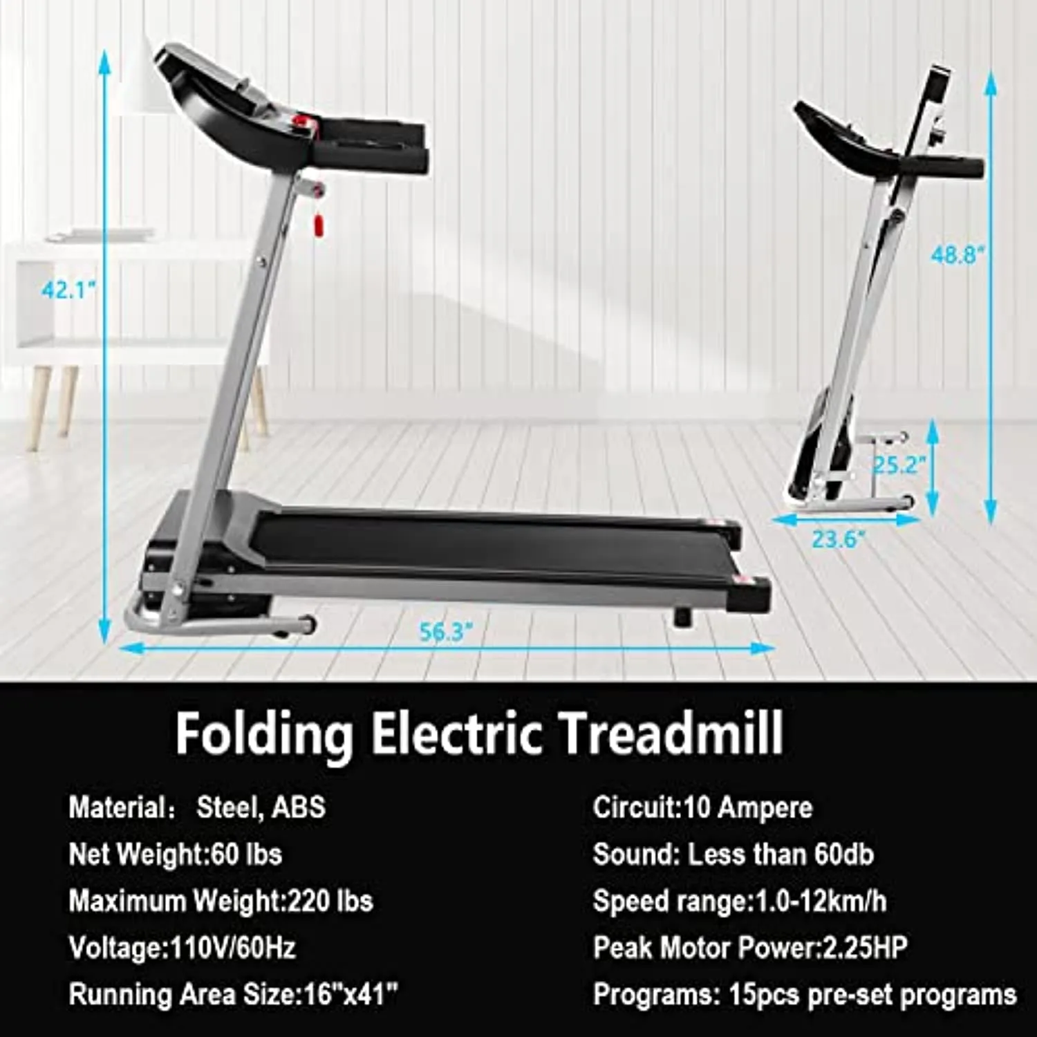 Treadmill for Home,Max 2.25 HP Folding Incline Treadmills for Exercise with LCD Monitor 3 Levels Manual Incline 12 Preset Program Max Speed 7.5MPH Fitness Gym Machine