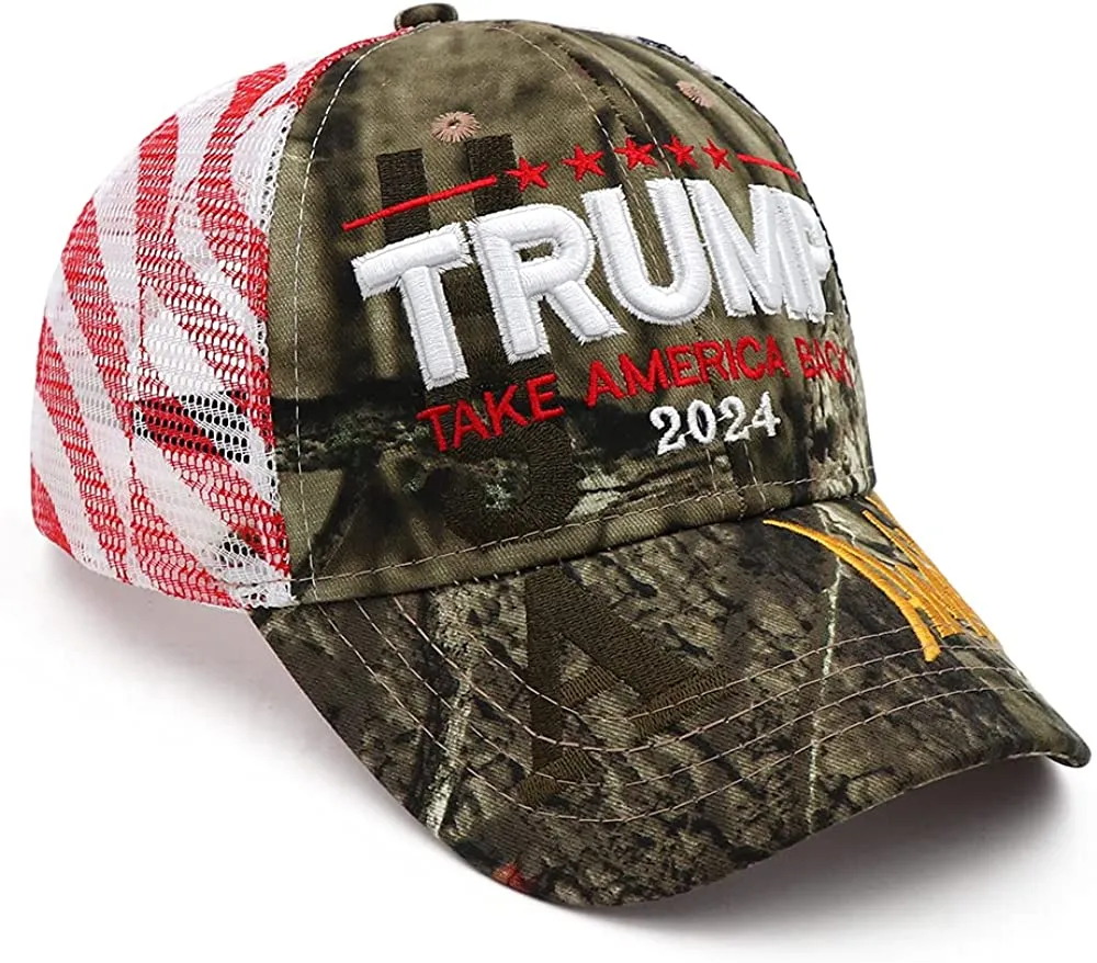 Trump 2024 Take America Back Camo Baseball Hat w/ American Flag Pattern Mesh Back