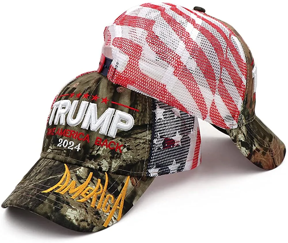 Trump 2024 Take America Back Camo Baseball Hat w/ American Flag Pattern Mesh Back