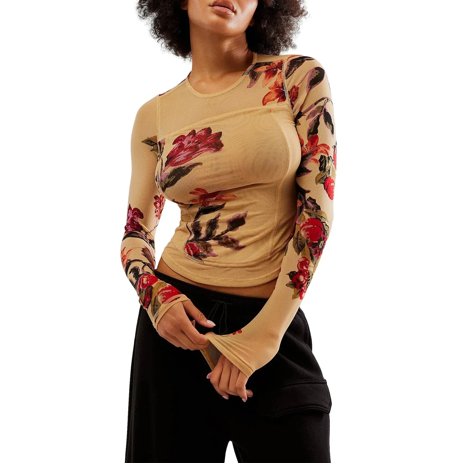 Vintage Floral Print Mesh Crop Basic Round Neck Slim Fit Casual Club Streetwear Women's T-shirt