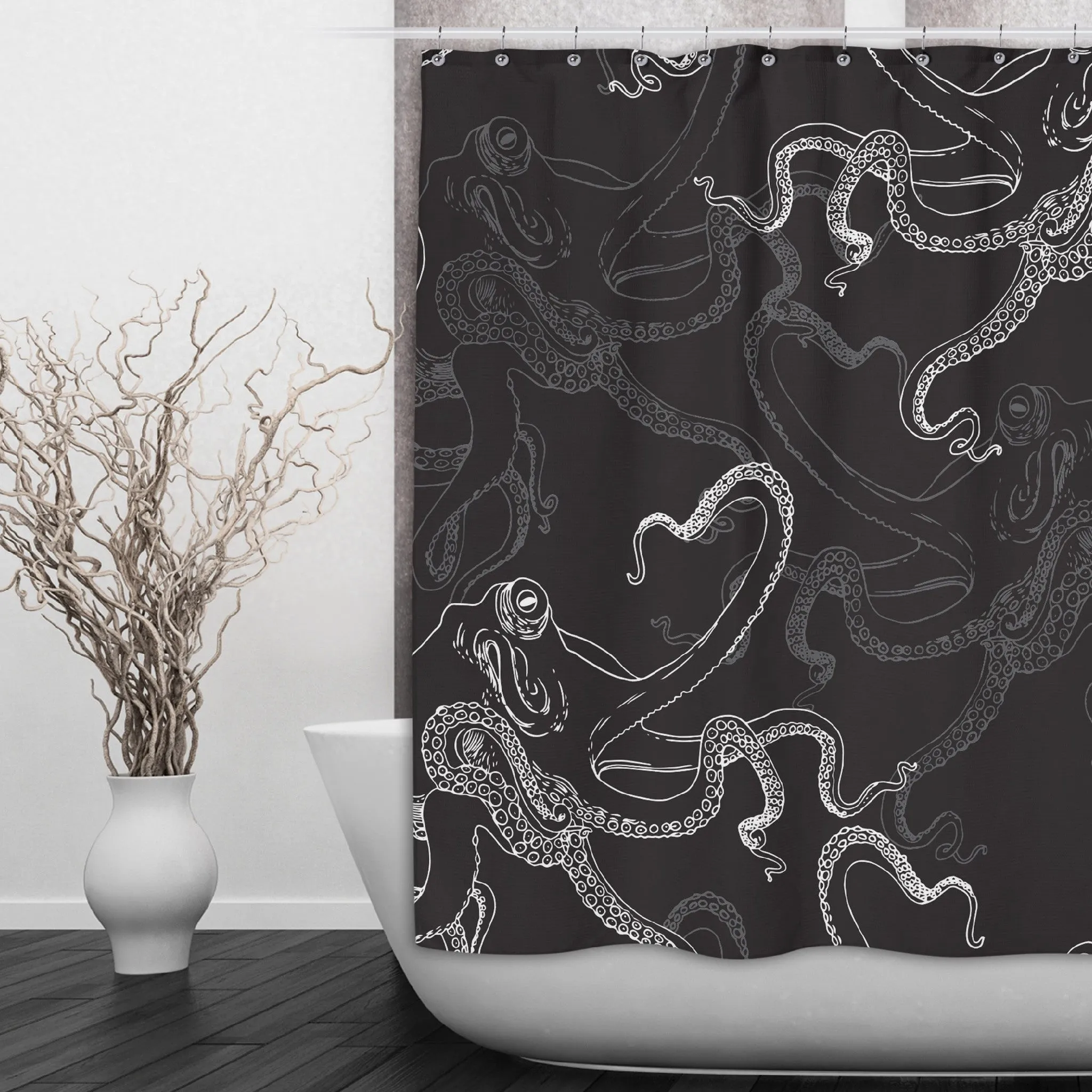 White on Black Octopus Shower Curtains and Optional Bath Mats