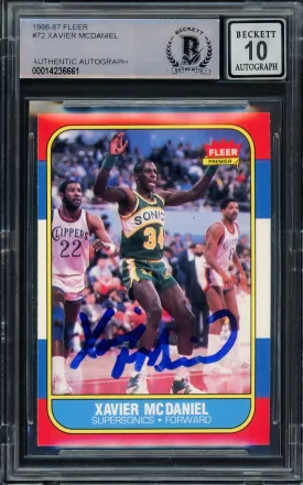 Xavier McDaniel Autographed 1986-87 Fleer Rookie Card #72 Seattle Supersonics Auto Grade Gem Mint 10 Beckett BAS Stock #211223